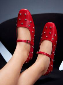 Cuccoo CUCCOO GRLICON Zapatos planos con correa de hebilla de rhinestone, corte en V y punta cuadrada, para estilo de motocicleta y calle, atuendo de verano para mujeres