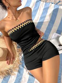 Swim Basics Women Summer Beach Wave Stripe Bandeau Tankini Swimsuit Set
