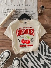 Tseoso Áo thun nữ cổ tròn tay ngắn in họa tiết quả anh đào tối giản giản dị - Màu be - Xem 8