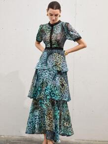 Aveloria Modichic New Floral Lace Patchwork Multi-Layer Ruffle Dress With Short Sleeve Chiffon Printed Long Dress - Multicolor - View 6