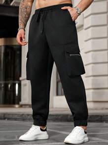 Manfinity Homme Calça cargo casual masculina plus size, cor sólida, com zíper e aba, bolso - Preto - Ver 5