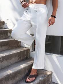 Manfinity Homme Men's Cotton Linen Button Front Pocket Casual Pants - White - View 1