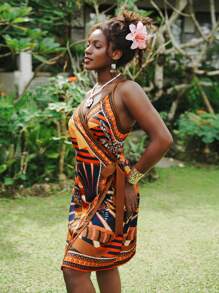 Travachic Plus Size Women Bird Print Side Knot Decor Casual Cami Dress - Brown - View 1