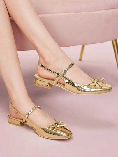 CUCCOO DOLLMOD Fashion Gold Bow Decor Mary Jane Flats, Square Toe Slingback Casual Shoes For Commuting, Dates, Parties, Shopping, School, Cute & Sweet