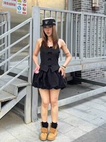 SHEIN Teen Girls Spring/Summer Streetwear Y2K Black Dress - Black - View 2