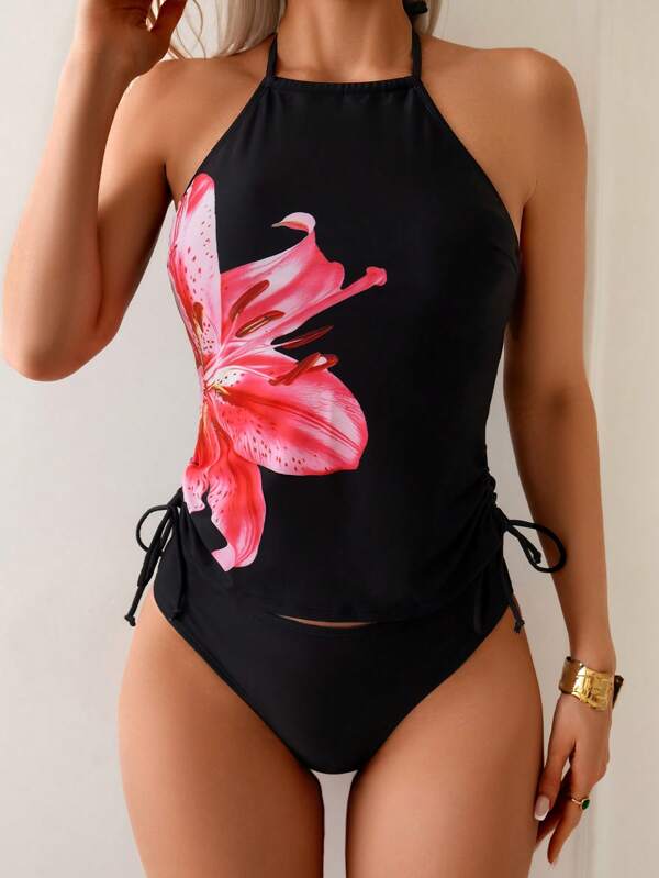 Swim Mod Women's Floral Print Spaghetti Strap Fashion Tankini Swimsuit