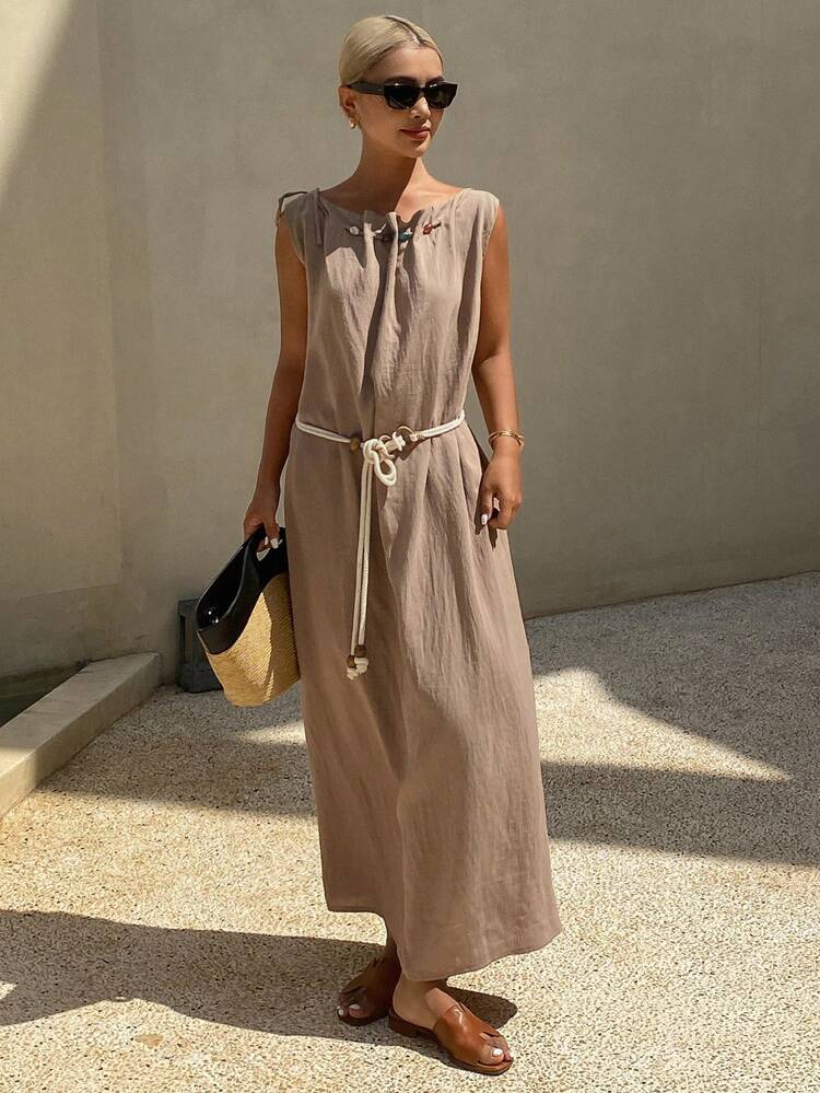 Summer New Loose Casual Beach Holiday Linen Blend Dress For Women Vacation Maxi Dress