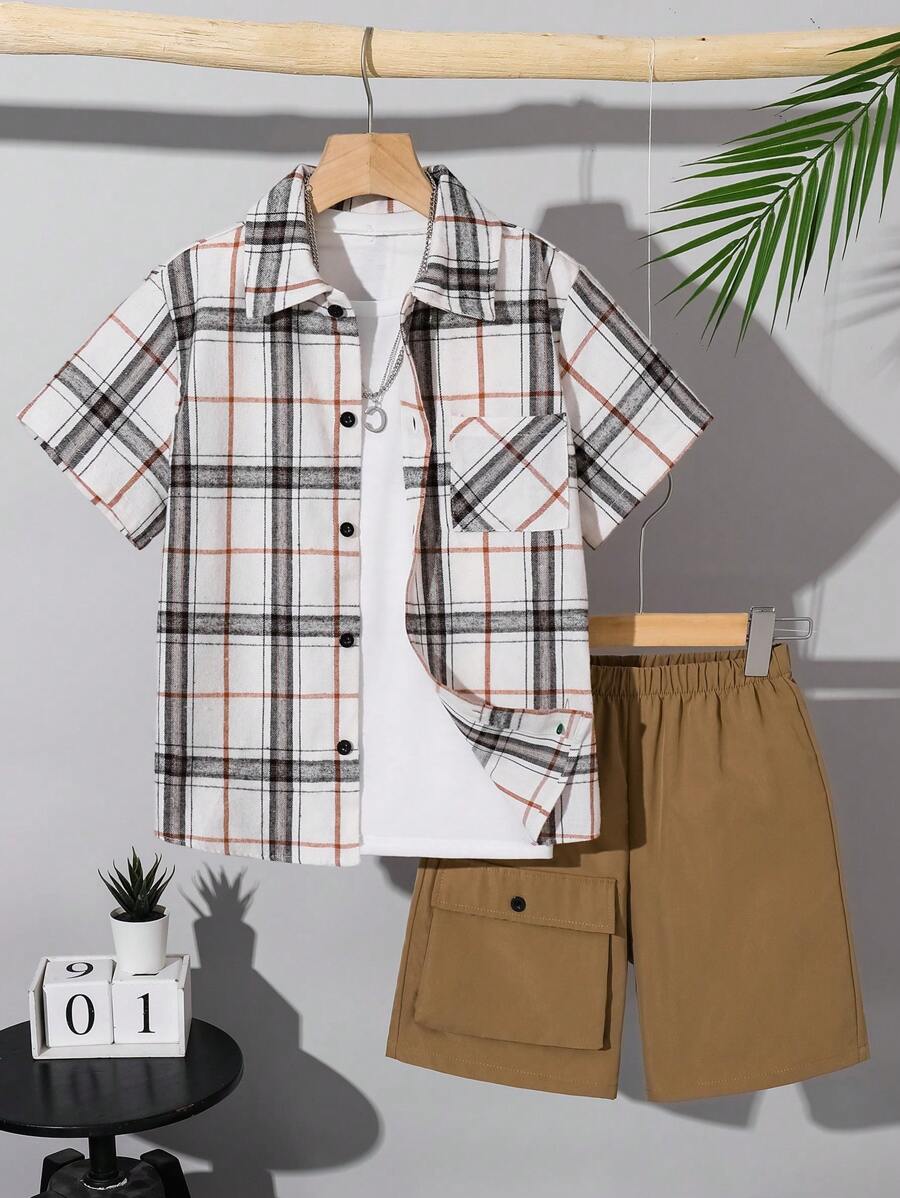 2pcs/Set Tween Boy Casual Plaid Short Sleeve Shirt And Cargo Shorts Set, Suitable For Commuting, School, Daily Casual, Sports, Spring/Summer - White - View 1