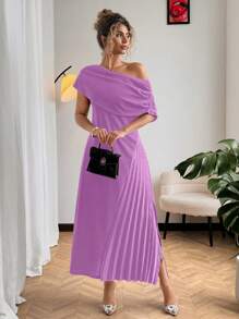 Flirla 1 chiếc váy midi xẻ tà tay ngắn xếp ly vai lệch cỡ lớn cho nữ - Màu tím - Xem 1