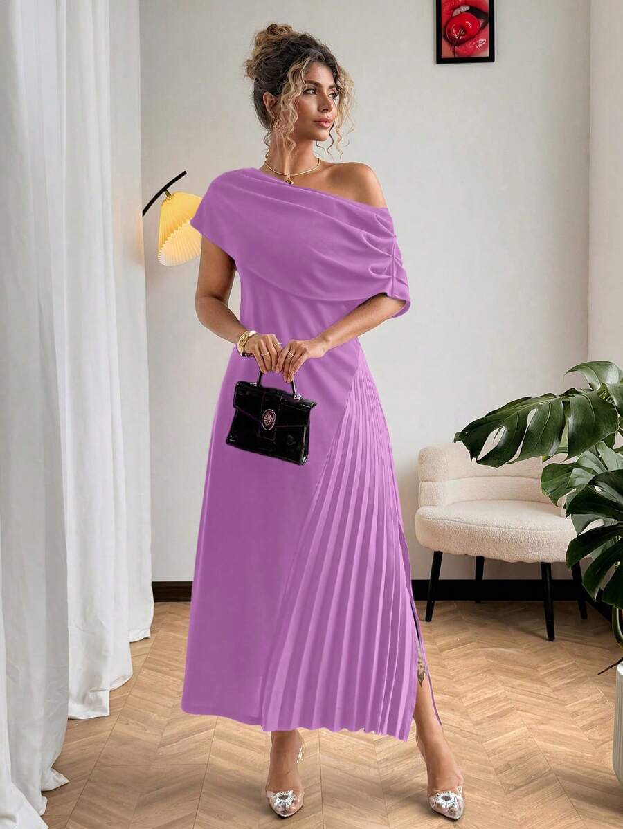 Flirla 1 chiếc váy midi xẻ tà tay ngắn xếp ly vai lệch cỡ lớn cho nữ - Màu tím - Xem 1