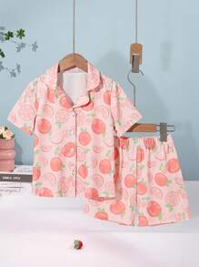 2pcs Girls Fruit Print Knit Collar Cardigan & Shorts Set, Comfortable Casual Summer Home Clothes,Girls Pajama Short Sets - Coral Orange - View 1