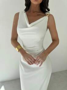 Firerie 女士白色不对称领口褶皱腰中长连衣裙，性感优雅通勤连衣裙，节日连衣裙，时尚别致，春夏装，通勤，优雅，性感，度假，海滩，夏威夷，婚礼季，毕业礼服，舞会 - 白色 - 查看 8