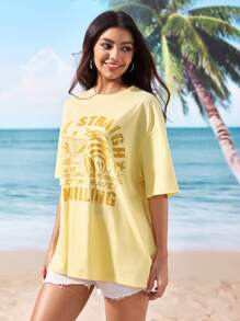 Shark Week X SHEIN Hai- & Buchstabengrafikprint Crew-Ausschnitt Kurzarm T-Shirt - Gelb - Übersicht 6
