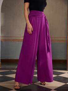 ZEYLAH Women's Belted Linen Wide Leg Pants, Summer Vacation - Purple - View 6