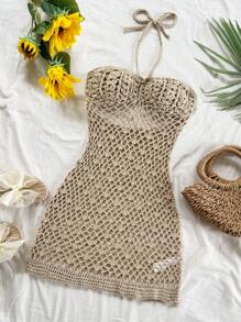 Soleia 全新设计沙滩装贝壳吊带镂空迷你针织连衣裙 - 卡其色 - 查看 3