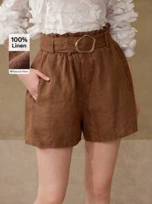 MOTF PREMIUM 100% LINEN SLANT POCKET PAPER BAG WAIST SHORTS - Brown - View 1