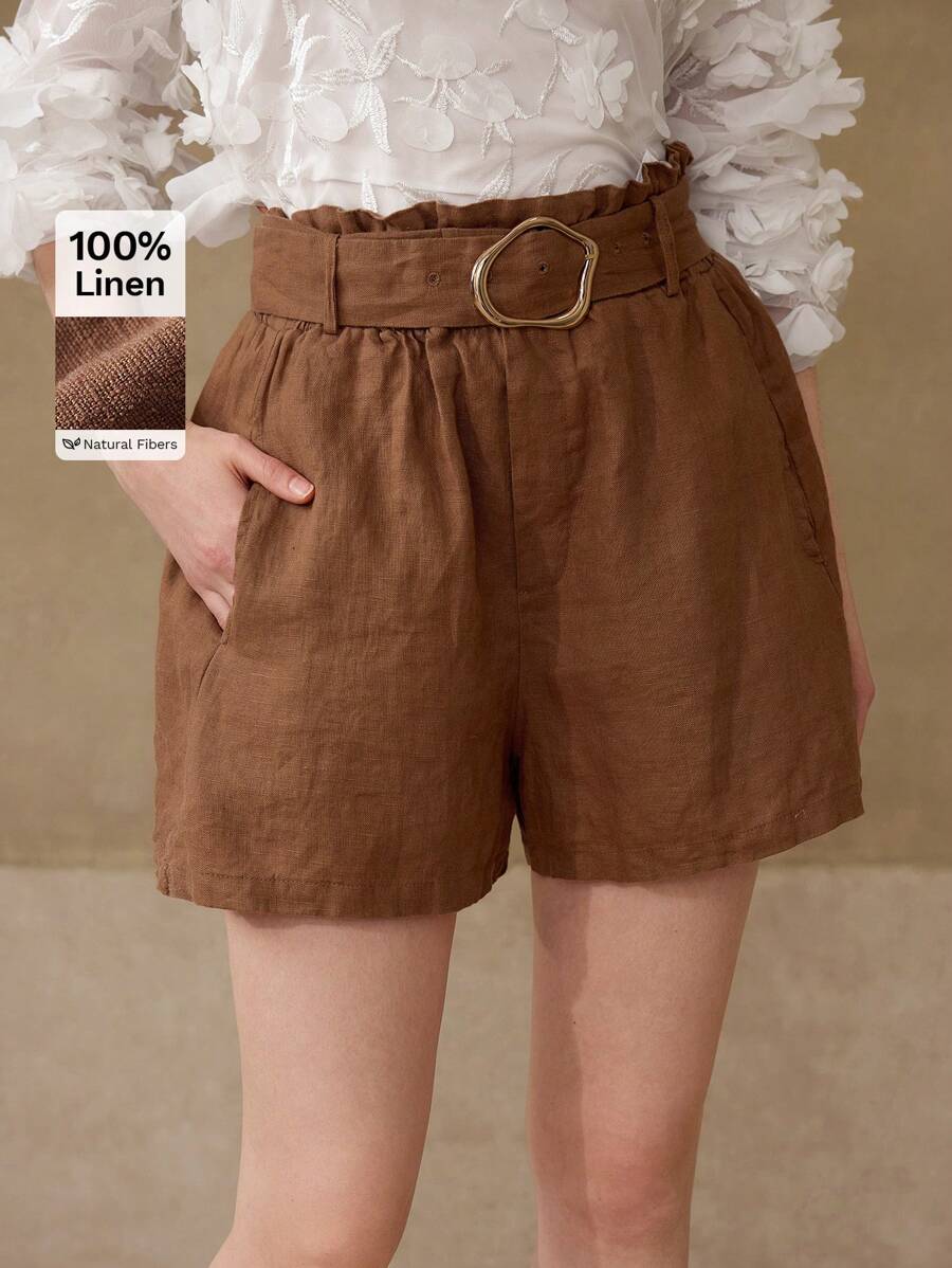 MOTF PREMIUM 100% LINEN SLANT POCKET PAPER BAG WAIST SHORTS - Brown - View 1