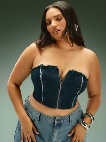 Denimoi Top de mezclilla con cremallera delantera y bordes deshilachados en talla grande - Azul lavado oscuro - Ver 1