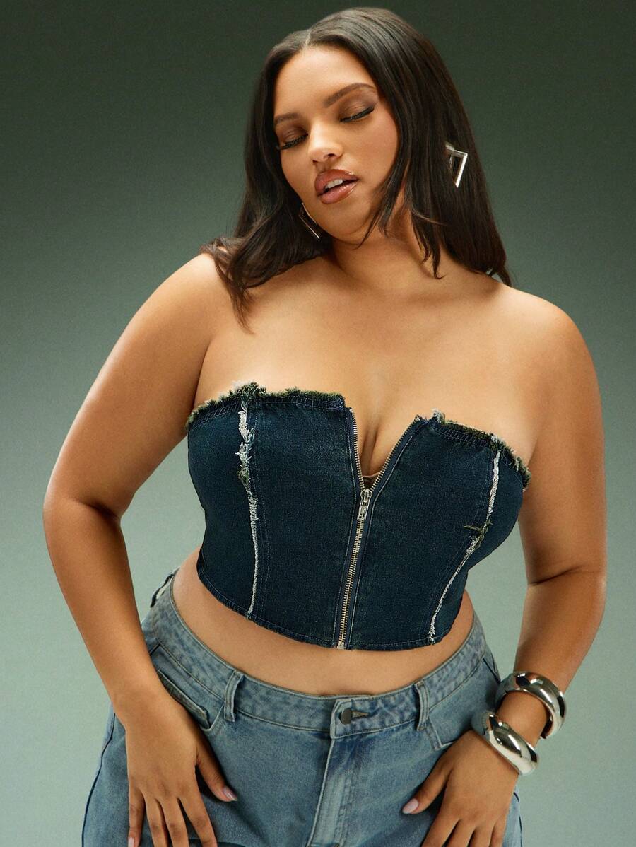 Denimoi Top de mezclilla con cremallera delantera y bordes deshilachados en talla grande - Azul lavado oscuro - Ver 1