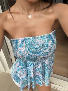 SHEIN Unity Áo Bandeau họa tiết Paisley tối màu, họa tiết đơn giản, không đối xứng, dành cho kỳ nghỉ hè của phụ nữ - Màu xanh lam - Xem 6