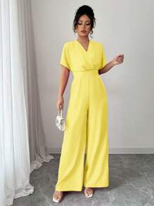 Elenzga Women's Solid Color Waistline Design Elegant Everyday & Holiday Jumpsuit - Yellow - View 3