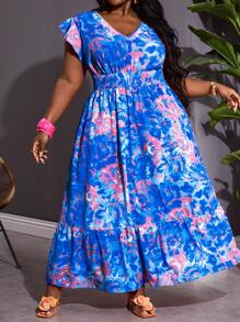 SHEIN CURVE+ Robe pour femmes grande taille avec imprimé tie dye, manches papillon froncées à la taille, pour vacances d'été, campagne, tenues de plage