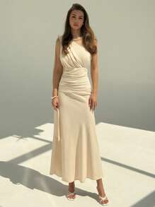 Aloruh Robe de mariée d'été élégante couleur abricot beige à une épaule, robe de soirée moulante mi-longue avec épaule froncée et basque pour femmes, tenue de bureau avec rubans fluides - Nude - Voir 4