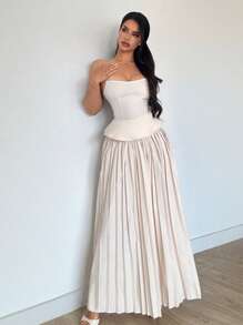 Firerie Summer Women's 2-Piece Set Elegant Off-White Waist Cinched Bandeau Top And Mesh Midi Skirt,Formal Wedding Guest Dress,Resort Outfits For Party,Office - Apricot - View 4