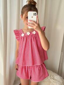 2pcs/Set Teenage Girls Casual Floral & Striped Pattern Comfortable Sleeveless Top And Shorts Set, Summer