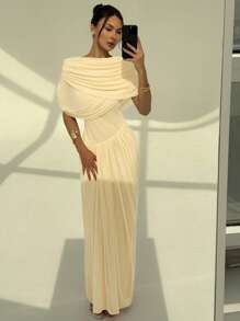 Aloruh Women's Solid Color Short Sleeve Waist-Cinched Elegant Off Shoulder Long Dress - Apricot - View 6