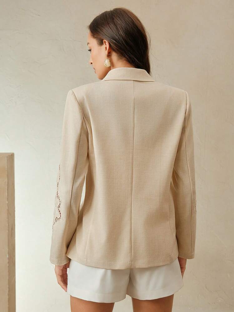 Women's Elegant Apricot Polyester Blazer Short Lapel Neckline Long Sleeves And Exquisite Floral Embroidery Detail