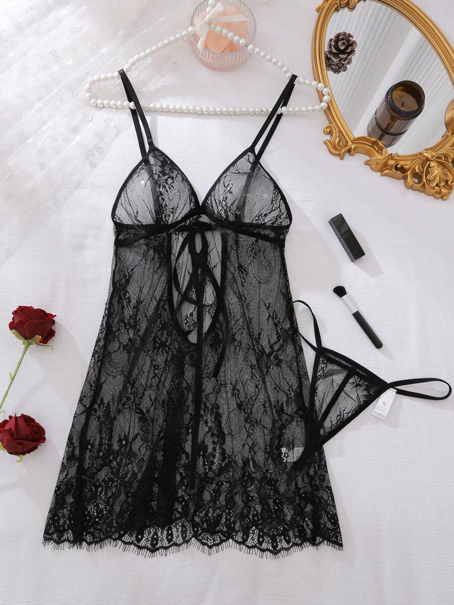 Snug Zone 2pcs/Set Ladies Sexy Lace Nightgown For Going Out - Black - View 1