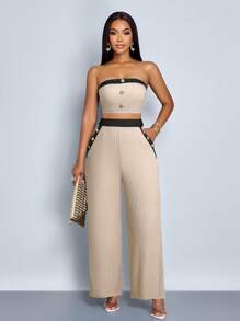 SOLERSUN Bộ áo crop top và quần ống rộng trang trí nút màu cho nữ - Màu be - Xem 4