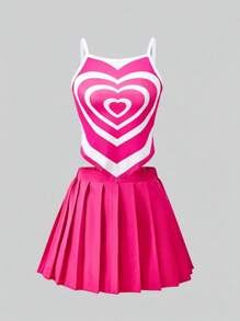 SHEIN Explorewe 心形吊坠上衣和百褶裙套装情人节服装少女女孩，玫瑰红色 - 玫紅色 - 查看 1