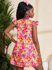 SHEIN Leap Crew Váy thường ngày chữ A cổ chữ V in hoa có tay bồng cho bé gái tuổi teen - Nhiều màu - Xem 2