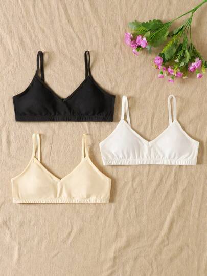 SHEIN 3件套青少年女孩简约舒适纯色V领带垫吊带背心文胸套装