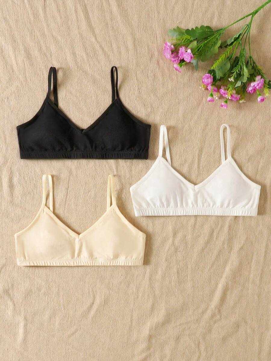 SHEIN 3pcs Tween Girls Minimalist Comfortable Solid Color V-Neck Padded Camisole Bra Set - Khaki - View 1