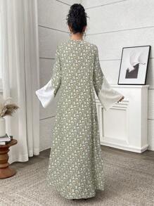 Yasmyna Women's Colorblock Allover Print Elegant Long Sleeve Turkish & Arabic Traditional Long Robe, Modest Kaftan - Green - View 6