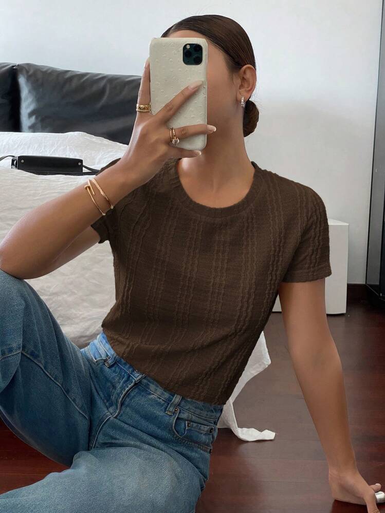 Siren Gaze Camiseta de cuello redondo de manga corta de unicolor para mujer, versátil para el verano - Café integral - Añade 6