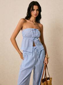 Poéselle 2件套女士条纹前系带抹胸上衣和裤子，休闲 - 藍白色 - 查看 1