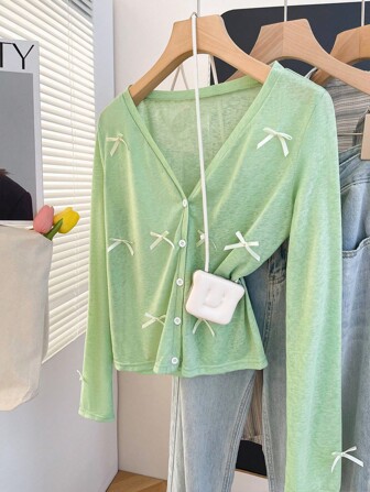 Damen Jacke mit Knopfverschluss, Schleifenakzent und Langarm, leicht