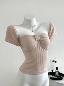 Chiquease 1 pieza Camiseta de mujer de unicolor con cuello en forma de corazón y hombros descubiertos de manga corta - Rosa - Ver 2