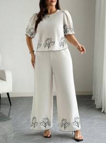 Flirla Dwuczęściowy zestaw z haftem kwiatowym, góra i spodnie w dużym rozmiarze, swobodny, letni - Morela - Zobacz 4