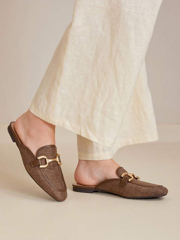 Sapatos Planos com Bico Redondo e Trama em Couro Sintético (PU)