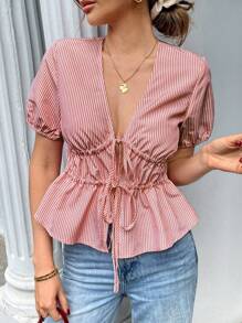 Pariaura French Casual Vacation Sexy Bowknot Up Ruffle Hem Short Sleeve Women Blouse - Multicolor - View 4