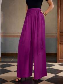 ZEYLAH Women's Belted Linen Wide Leg Pants, Summer Vacation - Purple - View 3