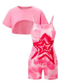 SHEIN Explorewe Tween Girls' Simple Fashion Casual Daily Pink Short Sleeve Romper Set Outfit For Girls Summer Girls Outfit - Pink - View 1