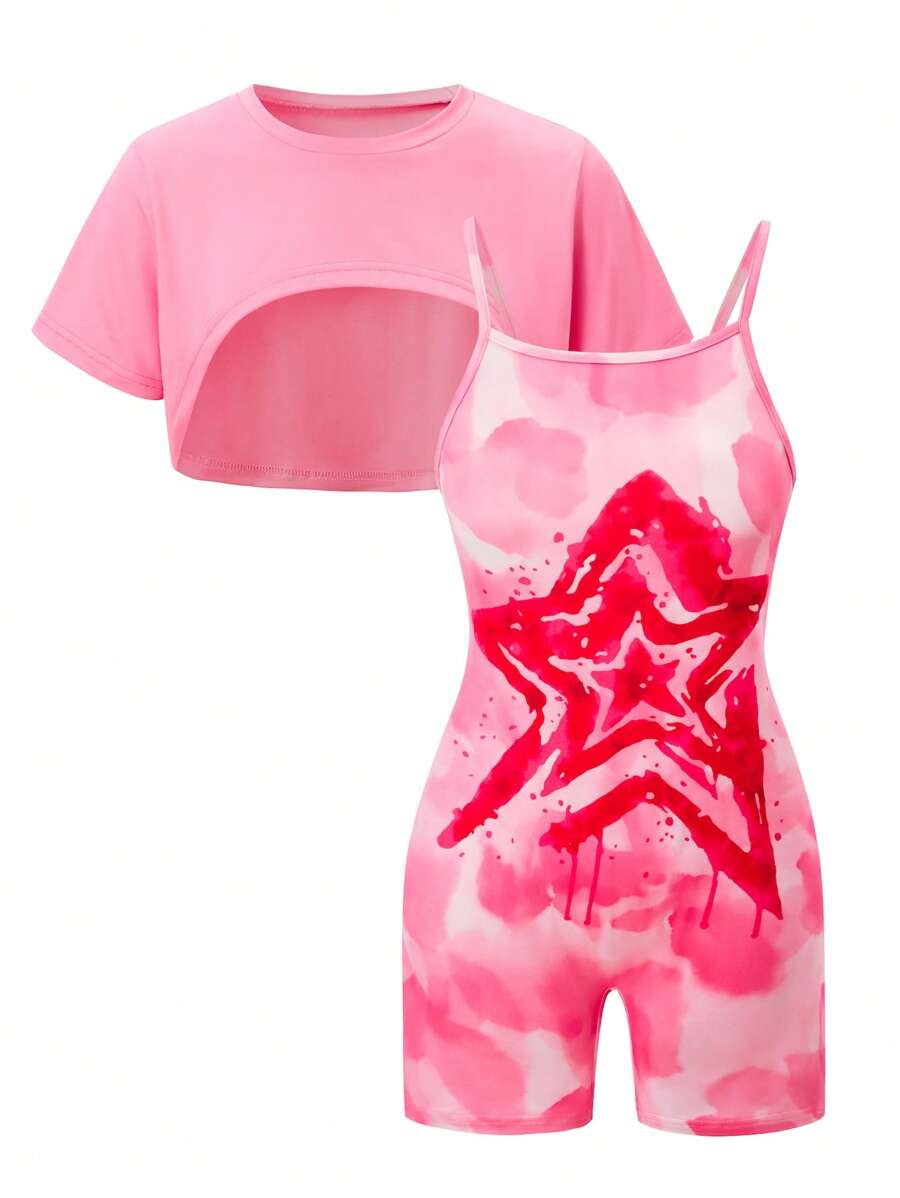 SHEIN Explorewe Tween Girls' Simple Fashion Casual Daily Pink Short Sleeve Romper Set Outfit For Girls Summer Girls Outfit - Pink - View 1