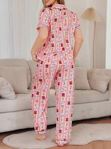 Conjunto de pijama de camisa con cuello de volantes y pantalones con estampado romántico de oso y flores para tallas grandes - Multicolor - Ver 2