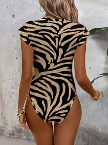 SHEIN LUNE Women's Casual Zebra Pattern Round Neck Bodysuit, Suitable For Spring & Summer Suitable For Going Out - Multicolor - View 2